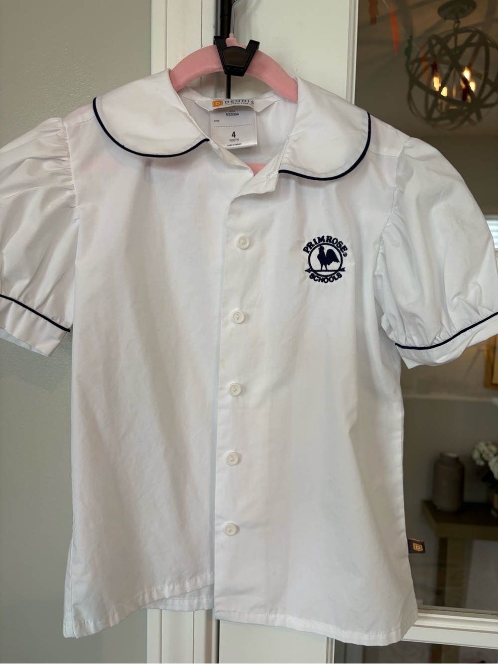 Primrose White Girls' Button-Up Blouse with Navy Trim